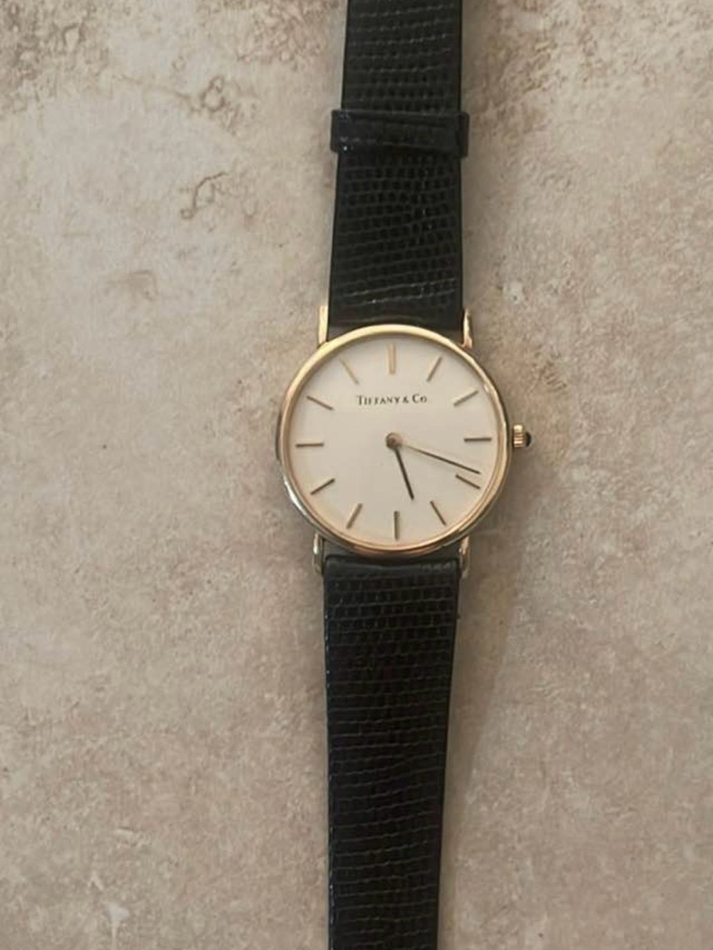 Tiffany & Co. 14k solid Gold Watch with Black Leather Strap